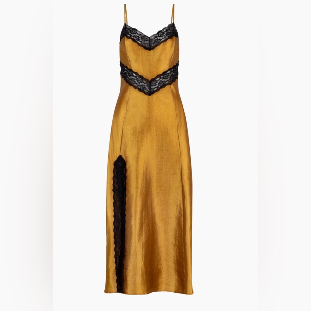 Hill House Gold Satin Midi Slip Dress with Black Lace Accents